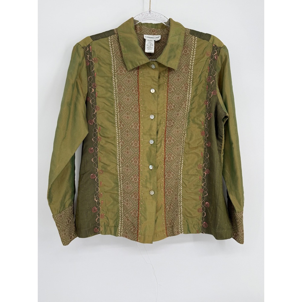 Coldwater Creek Silk Blend Floral Tapestry Pintuck Blouse Olive Green Sz PS